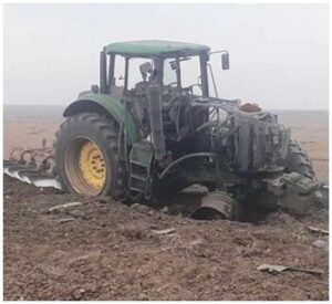 A tractor, after hitting a mine.